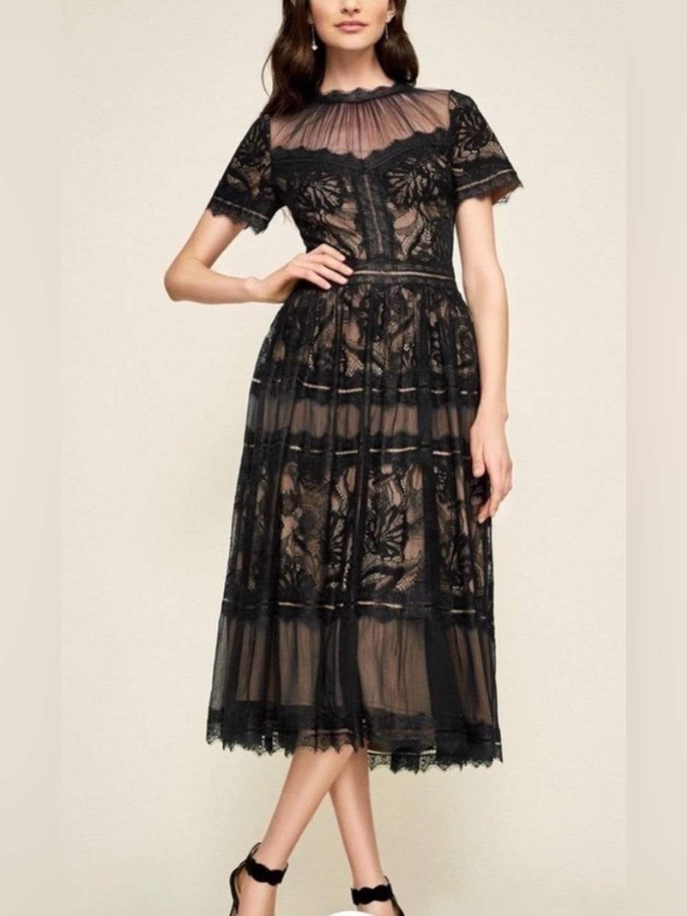 TADASHI SHOJI CAMILLA TEA-LENGTH BLACK LACE DRESS Size 6